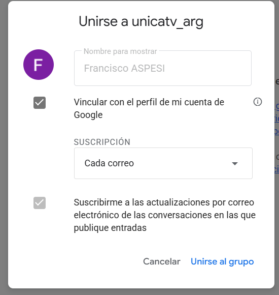 Ventana de Google para unirse al grupo unicatv_arg